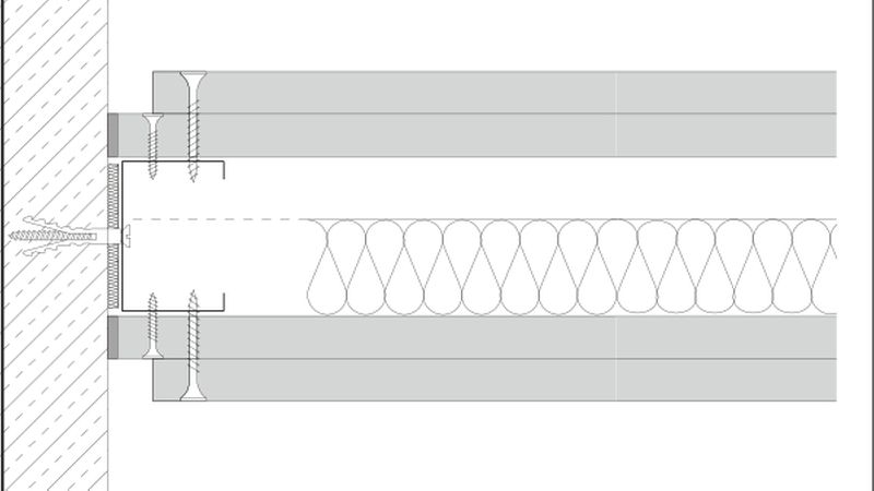 Anschluss Trennwand an Massivwand mit Schattenfuge.