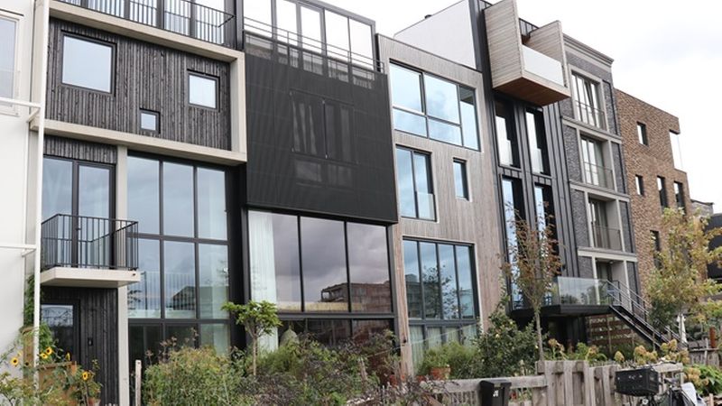 Eine Reihe moderner Wohngebäude mit großen Fenstern und Balkonen, umgeben von grünen Pflanzen.