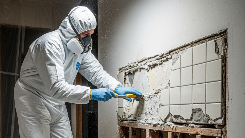 Eine Person in einem Schutzanzug entfernt Asbest von einer Wand.