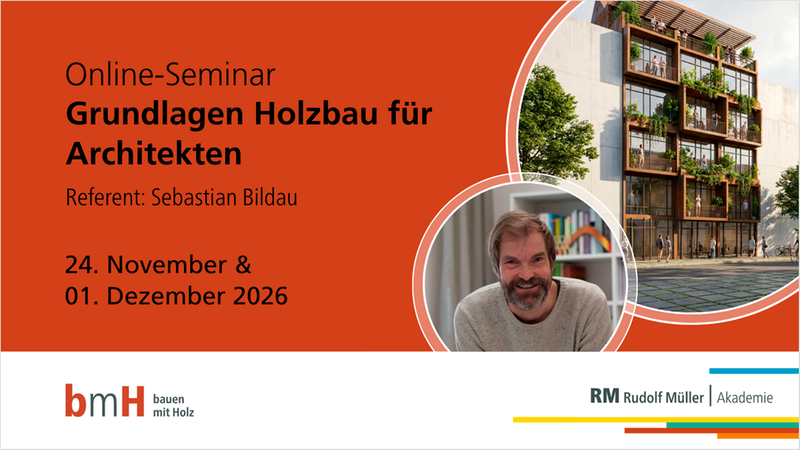 Werbegrafik für ein Online-Seminar "Grundlagen Holzbau für Architekten" mit dominanter roter Fläche, Terminangaben (24. November & 01. Dezember 2026), Logos der Veranstalter, einer rechts platzierten Architekturvisualisierung eines modernen Holzgebäudes und einem verpixelten Porträt des Referenten.