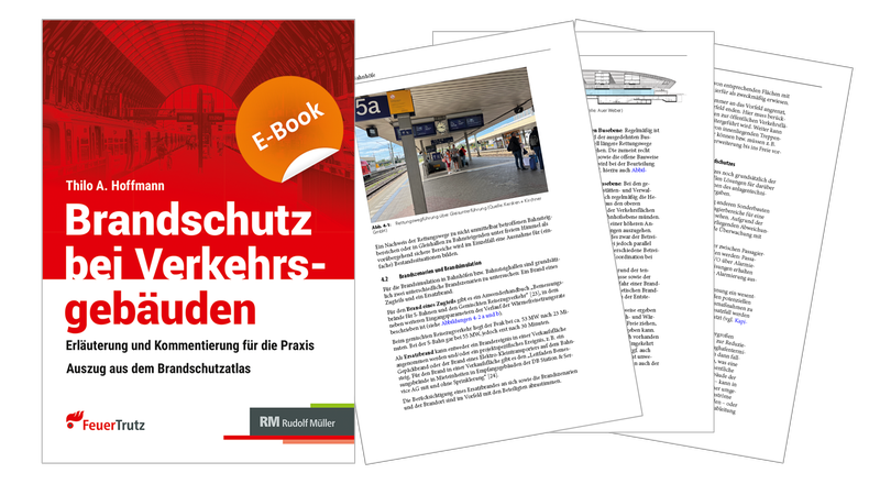 Das Bild zeigt das Buchcover von "Brandschutz bei Verkehrsgebäuden" von Thilo A. Hoffmann, zusammen mit einigen aufgeschlagenen Seiten.