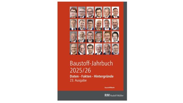 Das Cover des Baustoff-Jahrbuchs 2025/26 zeigt eine Sammlung von Porträts verschiedener Personen auf rotem Hintergrund.