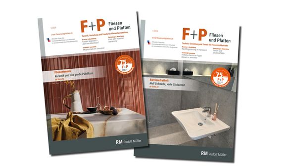 Das Bild zeigt die Titelseiten des Magazins "Fliesen und Platten" mit Themen zu Fliesentrends und Barrierefreiheit.