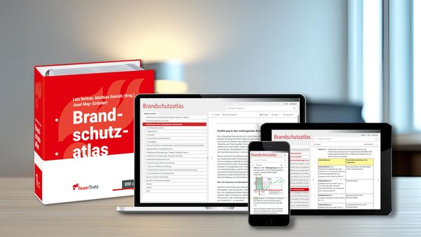 Der Brandschutzatlas in Buchform und auf digitalen Geräten wie Laptop, Tablet und Smartphone.