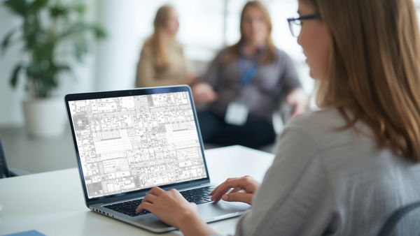Eine Person sitzt an einem Tisch und arbeitet an einem Laptop, auf dessen Bildschirm ein detaillierter Architektur-Grundriss zu sehen ist. Im Hintergrund sind unscharf weitere Personen und eine Pflanze in einem modernen Büro- oder Besprechungsraum erkennbar. Die Szene vermittelt Arbeit an Bauplänen und digitale Gebäudeplanung.