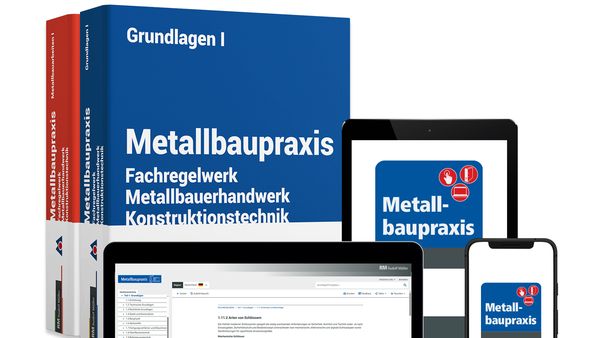 Das Bild zeigt das Buch "Metallbaupraxis" zusammen mit digitalen Geräten wie Laptop, Tablet und Smartphone, die alle das gleiche Thema präsentieren.