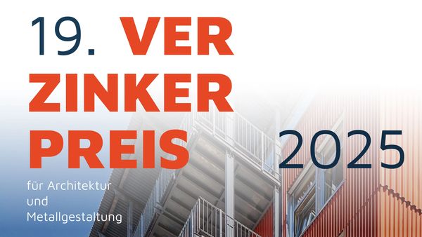 Ein modernes Gebäude mit auffälliger Metallfassade, das den Verzinkerpreis 2025 für Architektur und Metallgestaltung bewirbt.