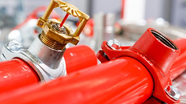 Ein Nahaufnahmebild einer Feuerlöschanlage mit einem Sprinklerkopf und roten Rohren.