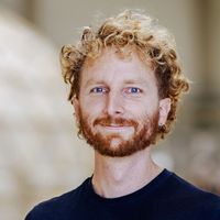 Ein Mann mit lockigem Haar und Bart steht in einem Innenraum und trägt ein schwarzes T-Shirt.