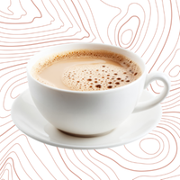 Eine weiße Tasse Kaffee auf einem abstrakten, linienförmigen Hintergrund.