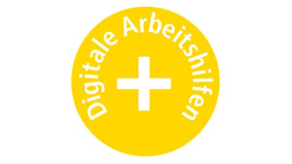 Ein gelbes Kreissymbol mit einem weißen Pluszeichen in der Mitte und dem Text "Digitale Arbeitshilfen" rundherum.