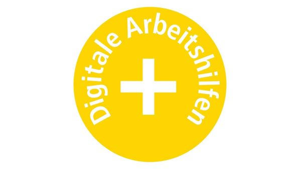 Ein gelbes Kreissymbol mit einem weißen Pluszeichen in der Mitte und dem Text "Digitale Arbeitshilfen" rundherum.