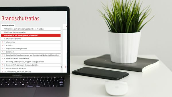 Ein Laptop auf einem Schreibtisch zeigt den Brandschutzatlas. Daneben steht eine Pflanze in einem weißen Topf.