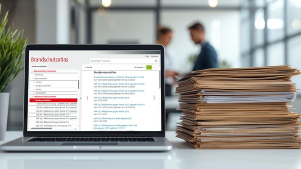 Ein Laptop, der den Brandschutzatlas anzeigt, steht neben einem großen Stapel Akten in einem modernen Büro.