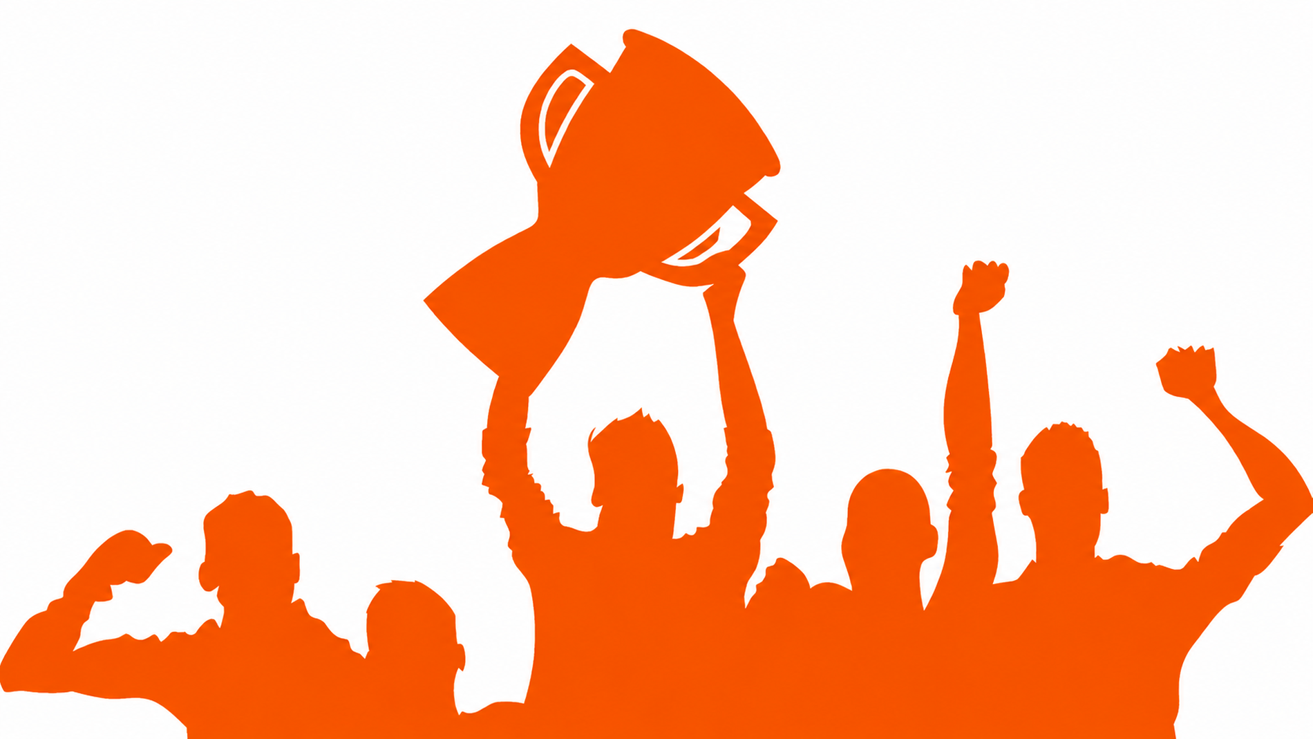 Das Bild zeigt auf weißem Hintergrund die orangefarbenen Silhouetten von 5 Männern. Sie jubeln, halten die Arme hoch und der Mann in der Mitte hält einen großen Pokal in die Höhe.