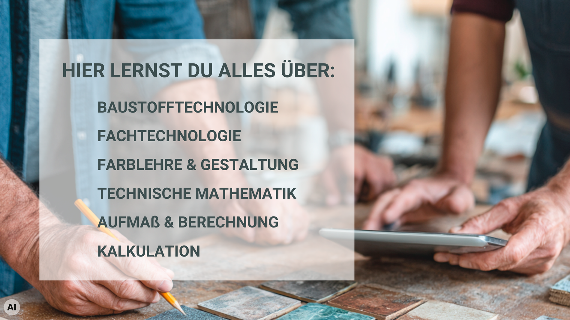 Das Bild zeigt Hände von 2 Personen an Fliesenproben, eine hält einen Stift, eine ein Tablet. Auf dem Bild ist ein halbtransparenter Kasten, auf dem steht: Hier lernst Du alles über Baustofftechnologie, Fachtechnologie, Farblehre & Gestaltung, Technische Mathematik, Aufmaß & B rechnung, Kalkulation.