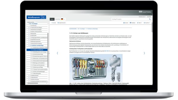 Ein Laptop zeigt eine Webseite mit Informationen über verschiedene Arten von Schlössern.