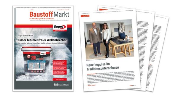 Das Bild zeigt das Titelblatt des BaustoffMarkt Magazins mit einem Artikel über neue Impulse im Traditionsunternehmen.