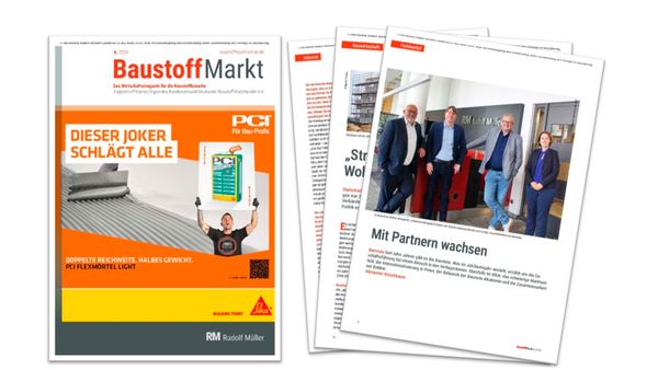 Das Bild zeigt das Cover des Magazins "BaustoffMarkt" mit dem Hauptmotiv einer Werbeanzeige für PCI Flexmörtel Light.