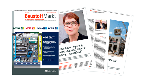 Cover und aufgeschlagene Seiten des Fachmagazins "BaustoffMarkt" mit dem Hauptmotiv: die Baubranche. Sichtbar sind ein Porträt einer Frau, Magazinartikel sowie ein Baustellenfoto mit Kran und modularen Baulementen; zusätzlich Regale mit Malerwerkzeugen und Produktabbildungen.