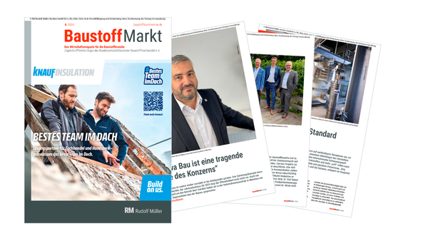 Das Titelblatt des Fachmagazins BaustoffMarkt (Ausgabe 09/2026) präsentiert als Hauptmotiv zwei Handwerker bei Dacharbeiten, flankiert von weiteren Seitenansichten des Magazins, die Themen wie Unternehmensführung und industrielle Fertigung behandeln.